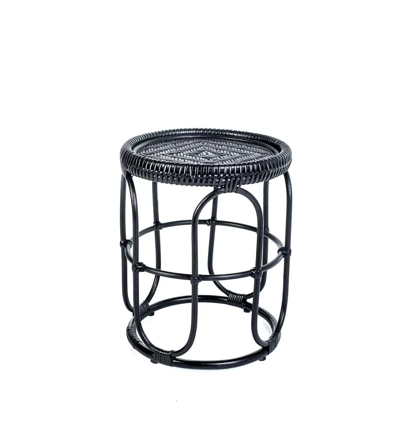 Black woven side table on a white background