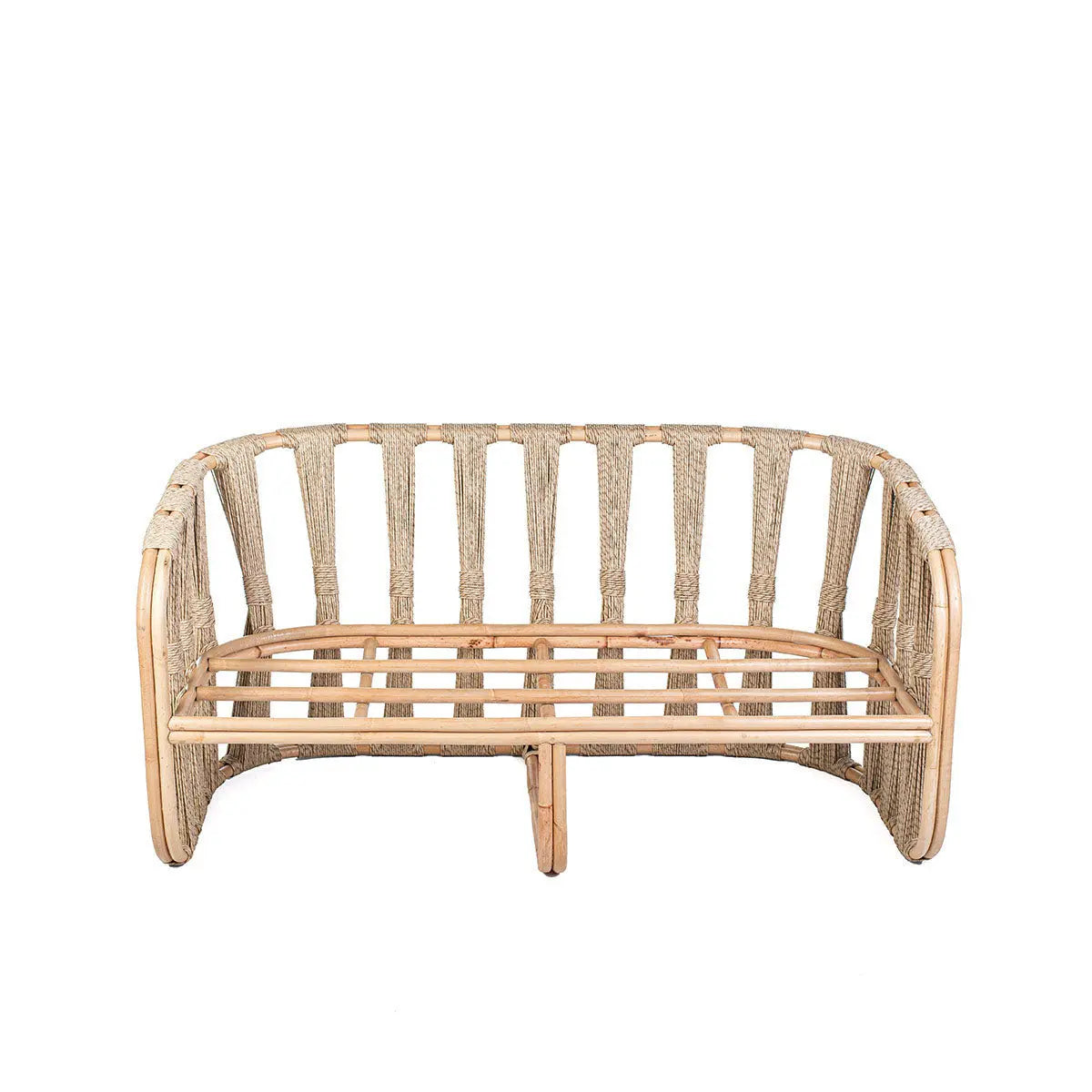 Rattan loveseat with white cushions on a white background