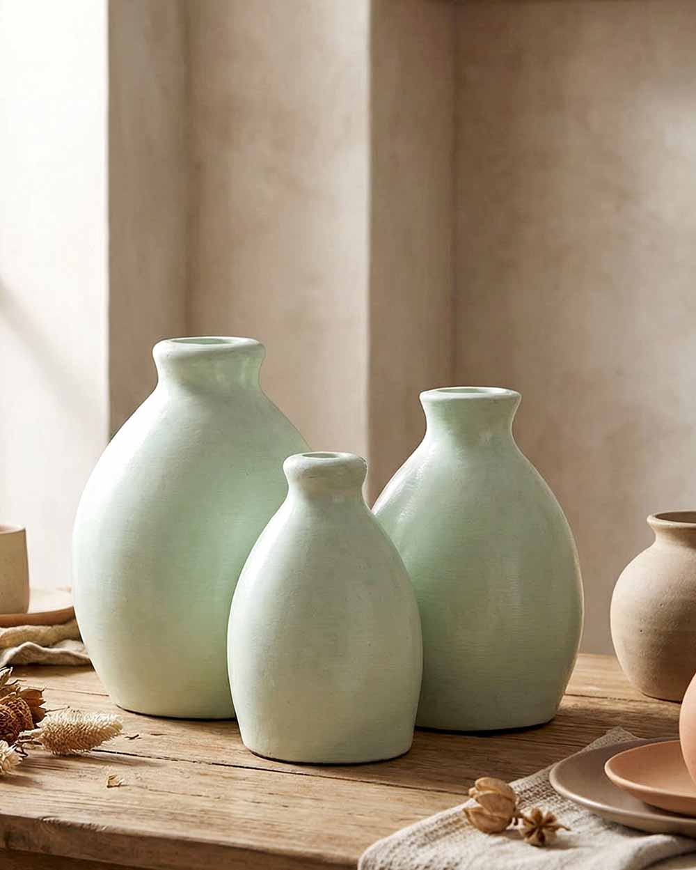 HAWAII Green Ceramic Vase Set 3 Pieces | Handcrafted Decorative Accents