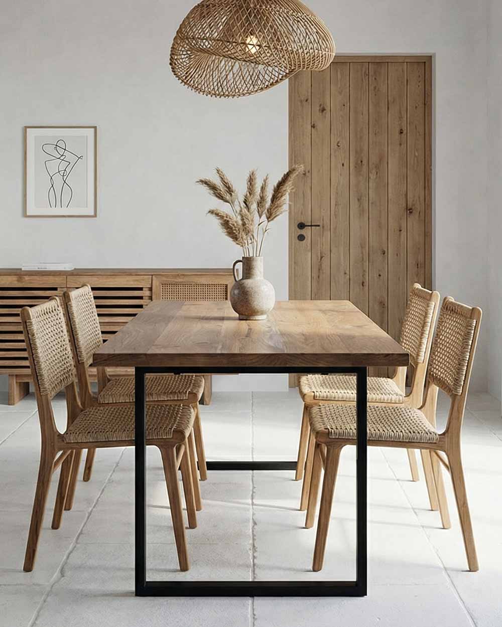 Dining room with wooden table and chairs, vase with pampas grass, and framed artwork on wall.