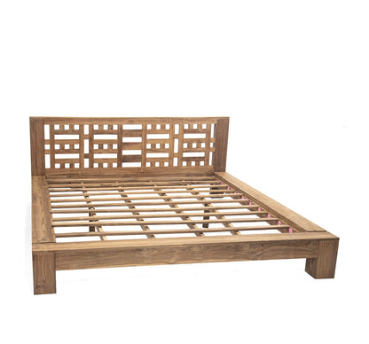 A natural color teak wood bed frame with a wooden headboard, featuring a slatted base and a rectangular shape.