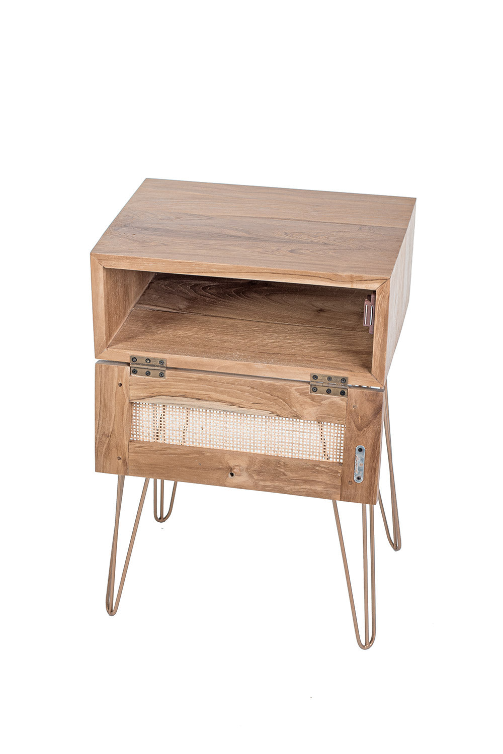 A rectangular side table with teak wood top and iron legs, featuring a rattan door.