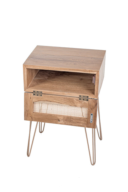 A rectangular side table with teak wood top and iron legs, featuring a rattan door.