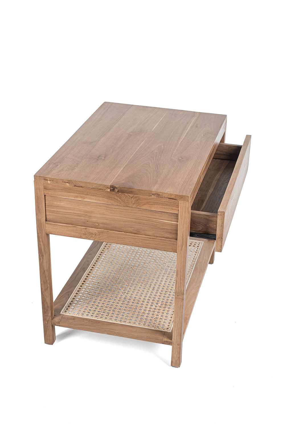 A rectangular side table made of teak wood with a rattan drawer, featuring a natural color and a slim profile.