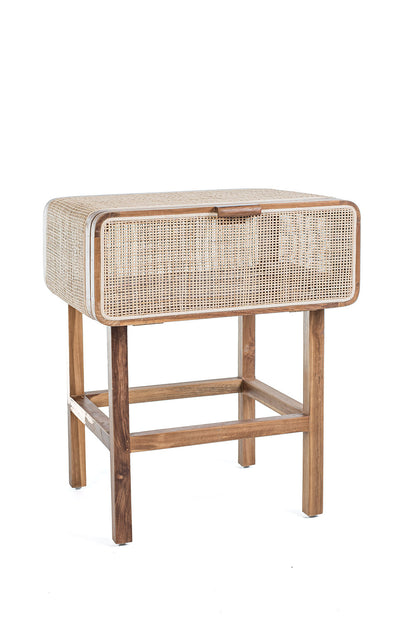 A rustic side table made of teak wood and rattan, having a natural color and Ethnic style.