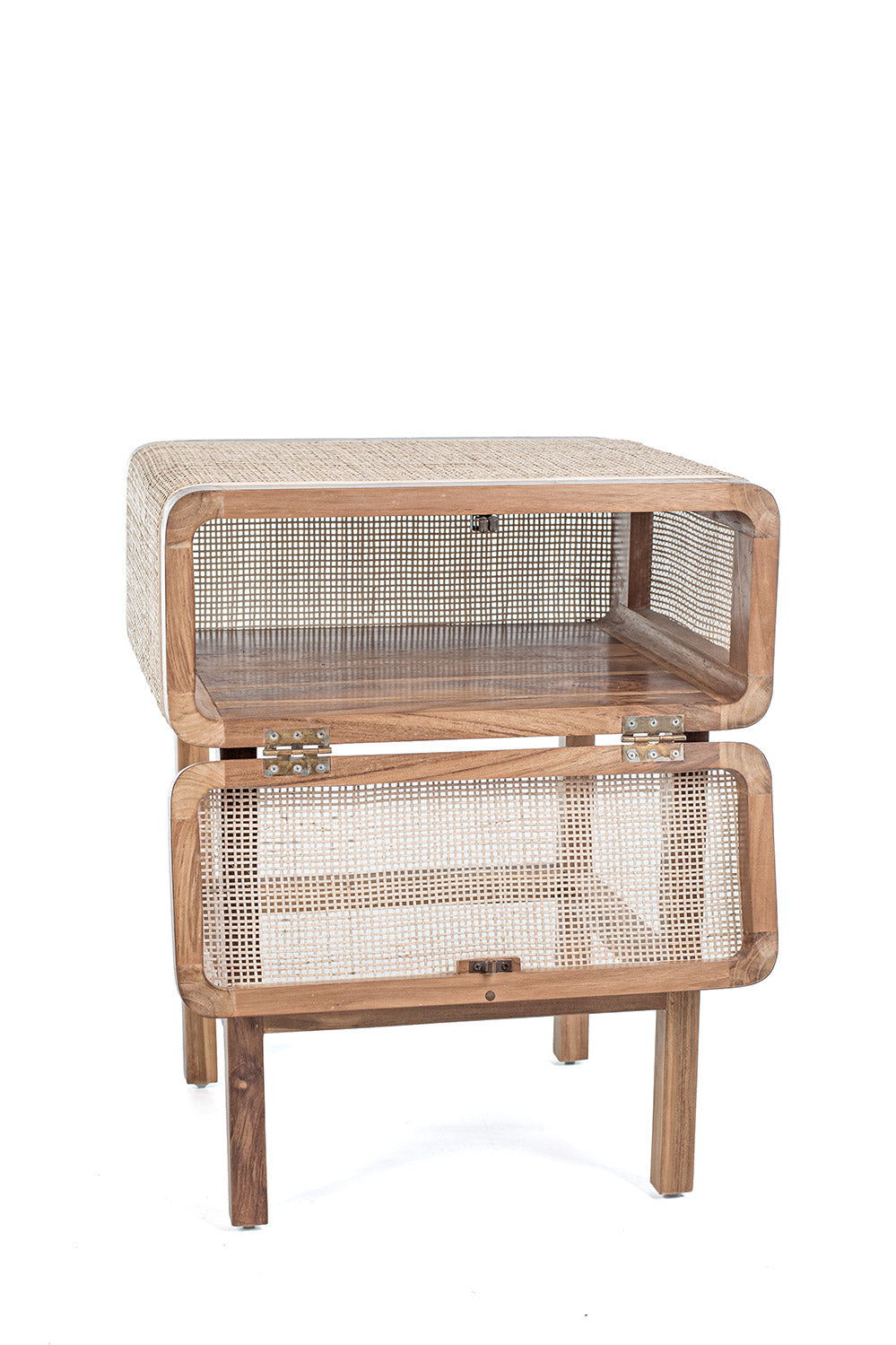 A rustic side table made of teak wood and rattan, having a natural color and Ethnic style.