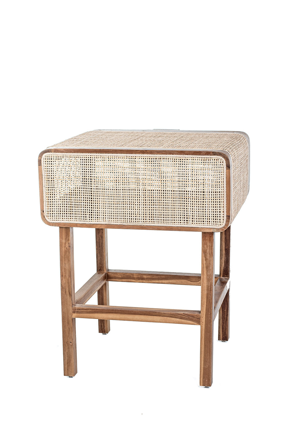 A rustic side table made of teak wood and rattan, having a natural color and Ethnic style.