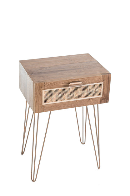 A rectangular side table with teak wood top and iron legs, featuring a rattan door.