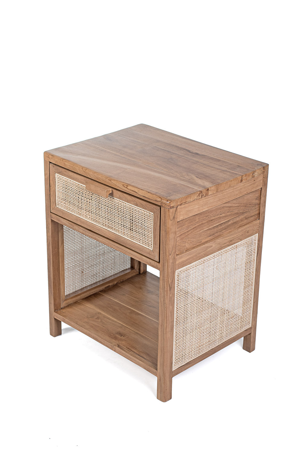 A rectangular side table made of teak wood with a rattan drawer and shelf, set against a white background.