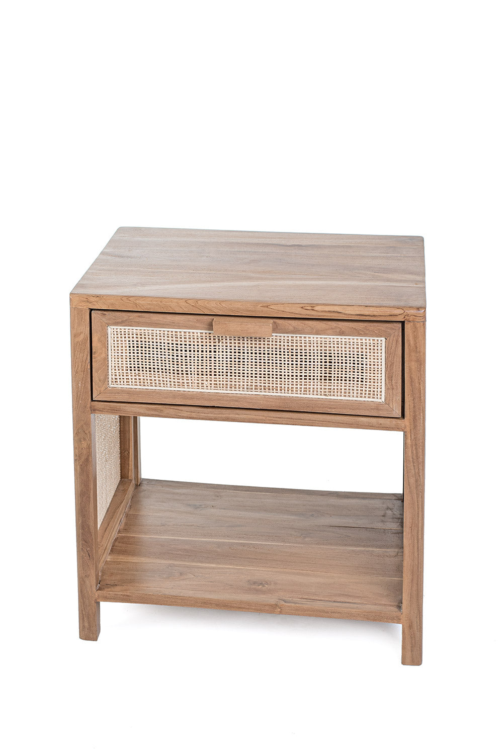 A rectangular side table made of teak wood with a rattan drawer and shelf, set against a white background.