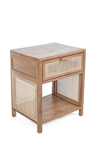 A rectangular side table made of teak wood with a rattan drawer and shelf, set against a white background.