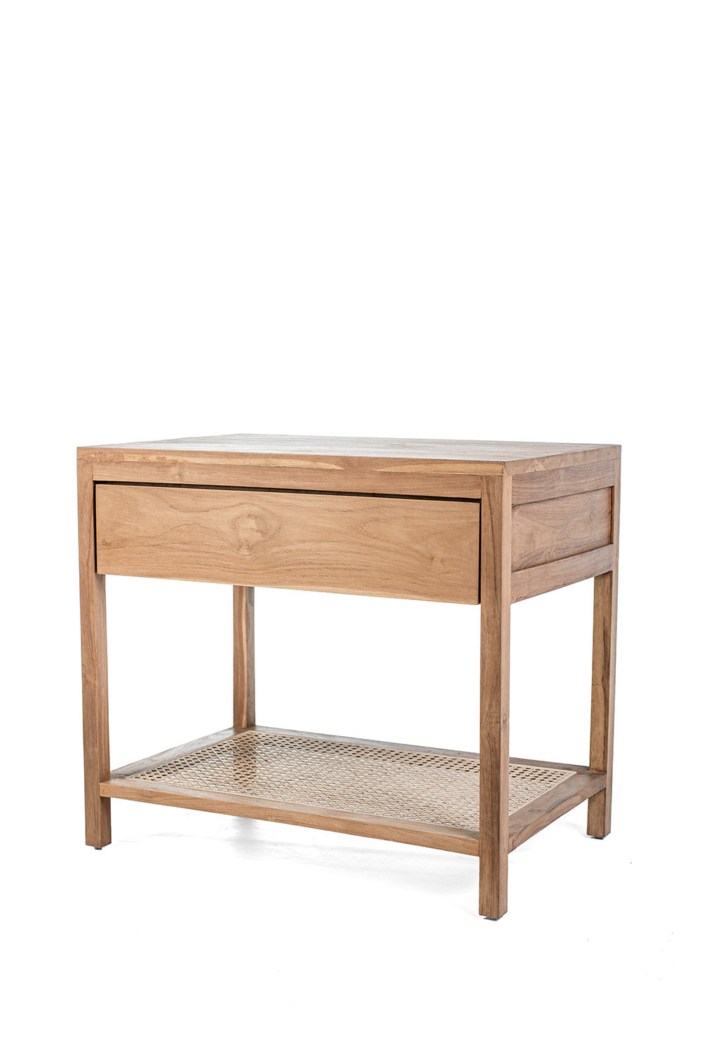 A rectangular side table made of teak wood with a rattan drawer, featuring a natural color and a slim profile.