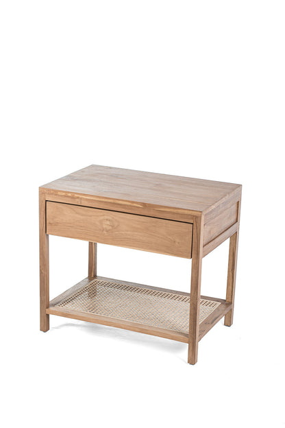 A rectangular side table made of teak wood with a rattan drawer, featuring a natural color and a slim profile.