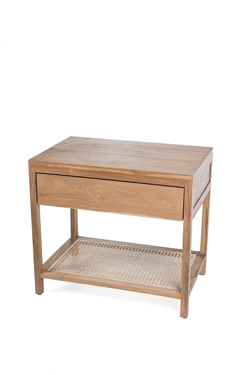 A rectangular side table made of teak wood with a rattan drawer, featuring a natural color and a slim profile.