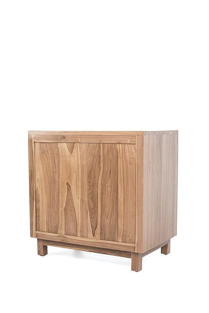 A rectangular teak wood side table with two rattan drawers, featuring a natural color and ethnic design.