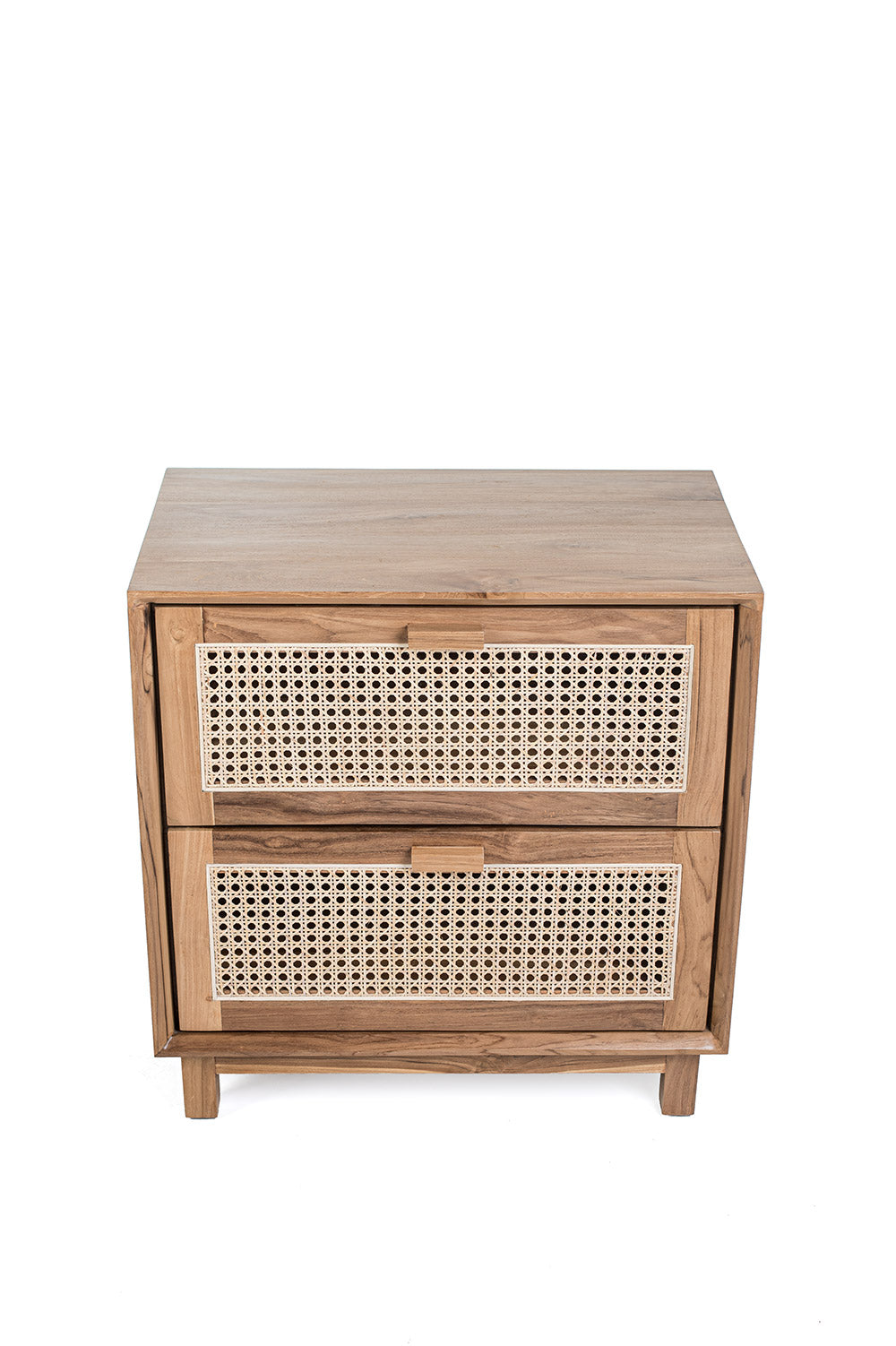 A rectangular teak wood side table with two rattan drawers, featuring a natural color and ethnic design.