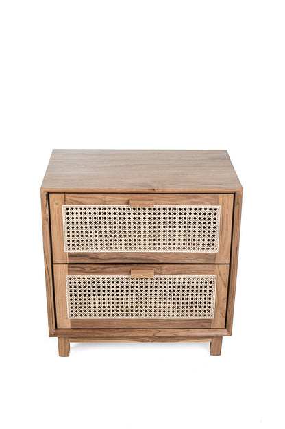 A rectangular teak wood side table with two rattan drawers, featuring a natural color and ethnic design.