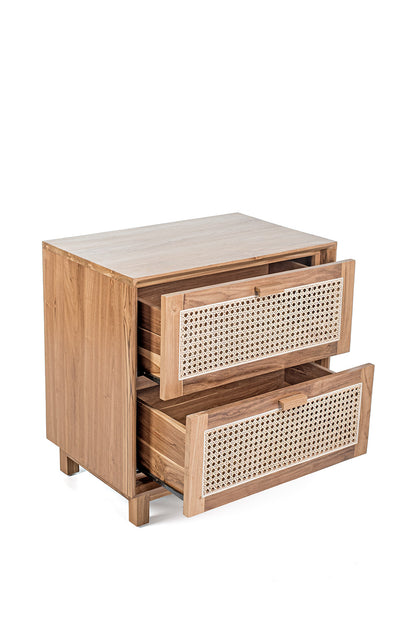 A rectangular teak wood side table with two rattan drawers, featuring a natural color and ethnic design.
