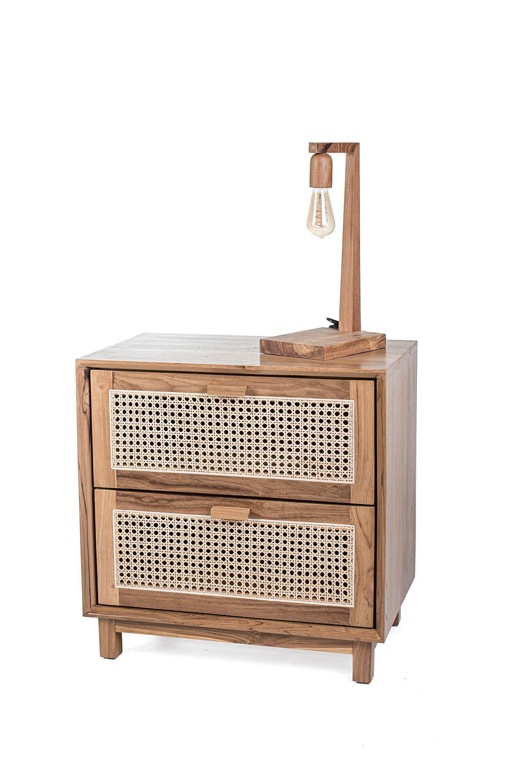 A rectangular teak wood side table with two rattan drawers, featuring a natural color and ethnic design.