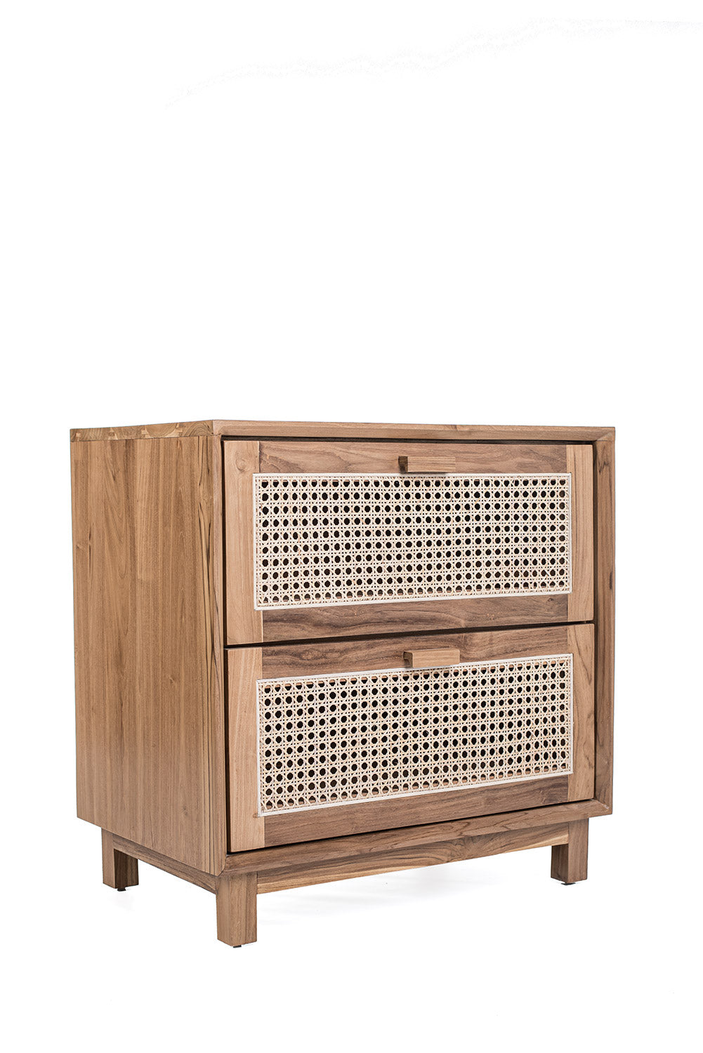 A rectangular teak wood side table with two rattan drawers, featuring a natural color and ethnic design.