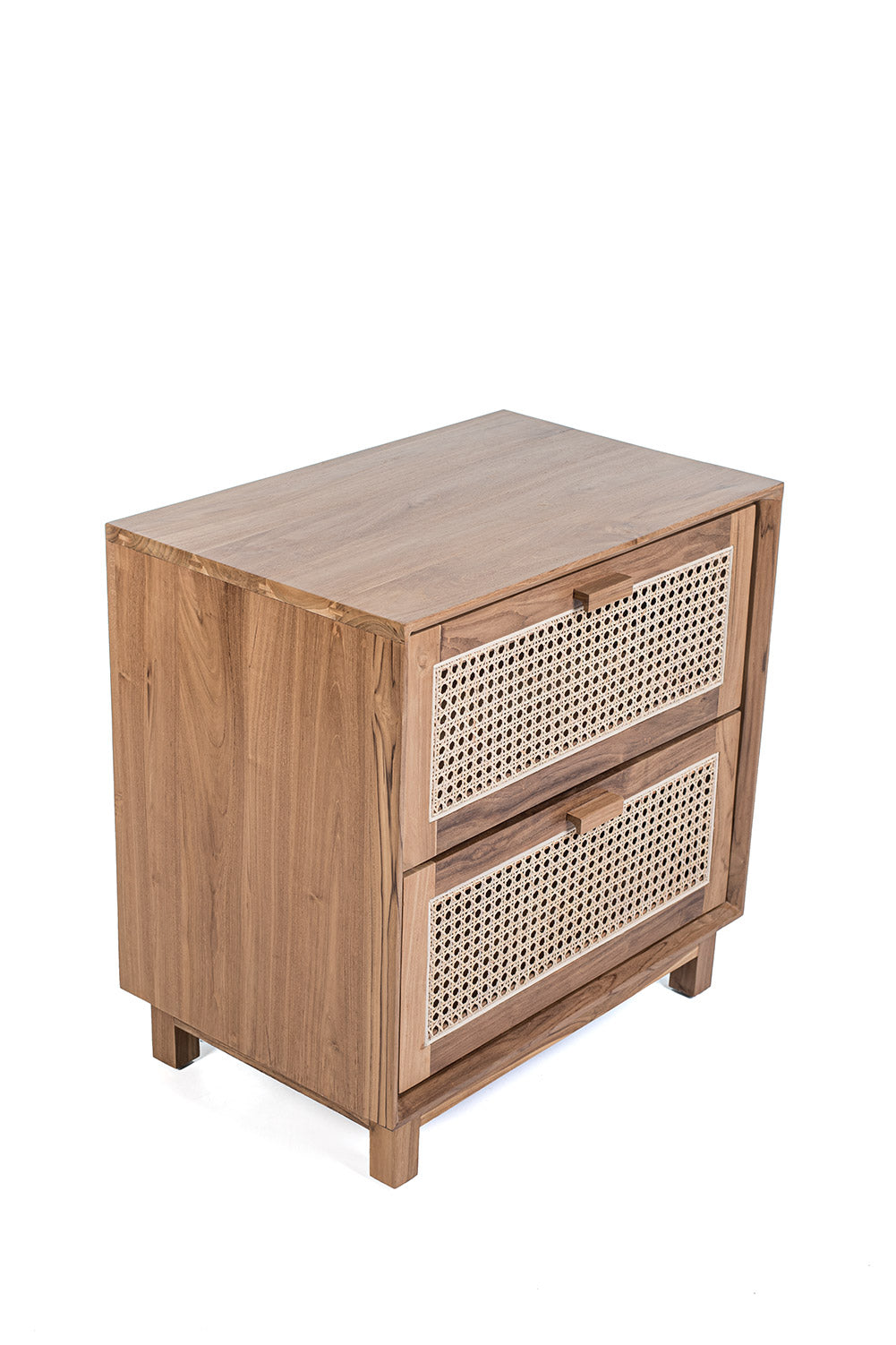 A rectangular teak wood side table with two rattan drawers, featuring a natural color and ethnic design.