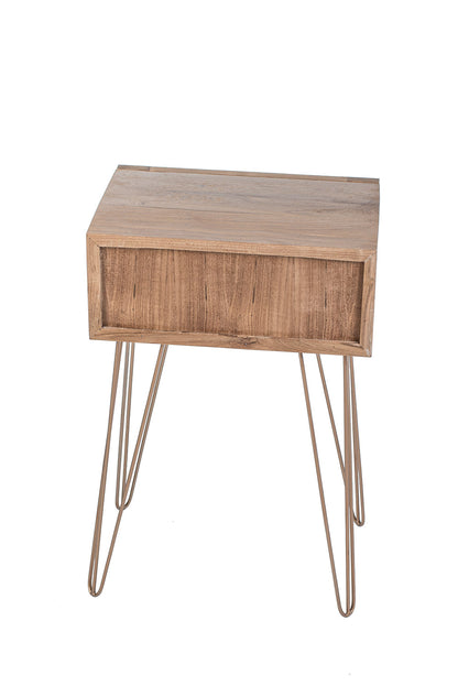 A rectangular side table with teak wood top and iron legs, featuring a rattan door.