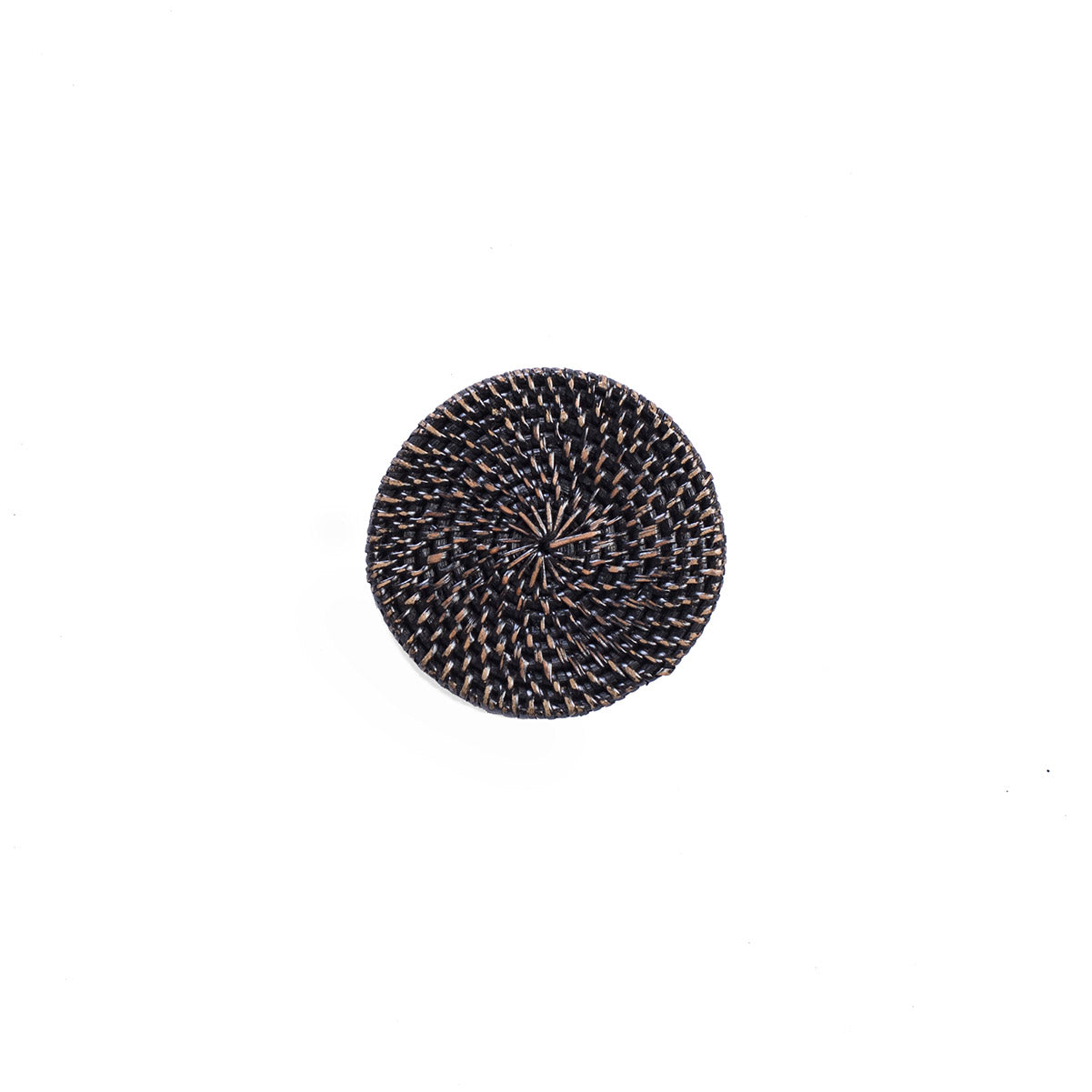 A single black rattan coaster with a round shape displayed on a white background.