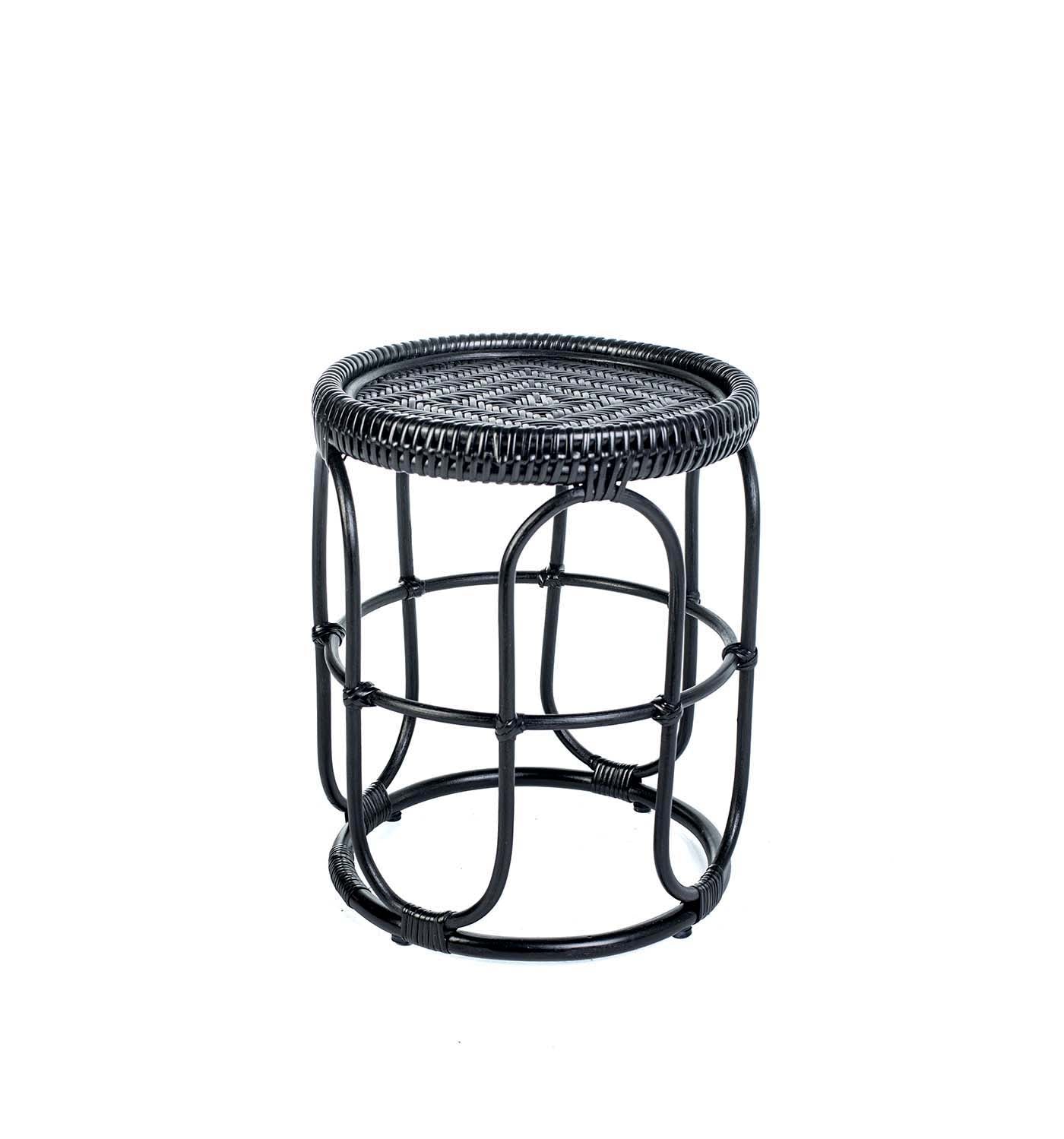 Black woven side table on a white background