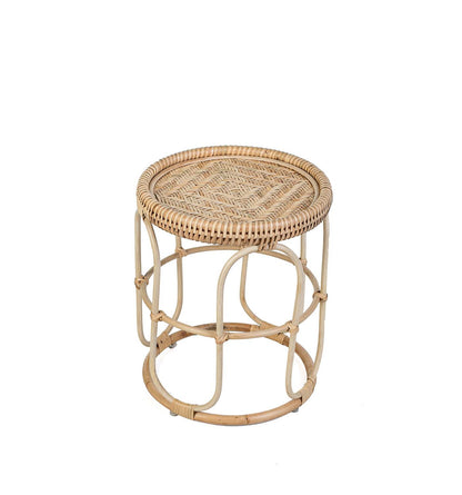 Wicker stool with woven top on a white background