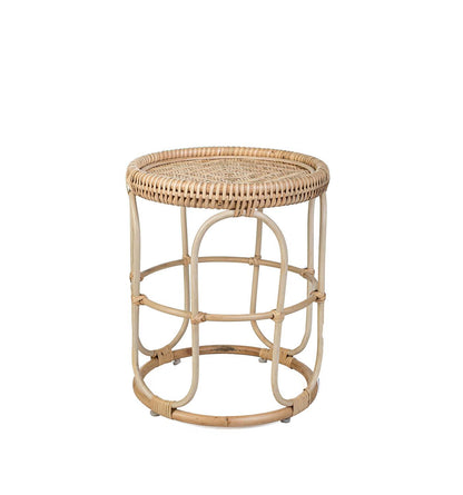 Rattan side table with woven top on a white background