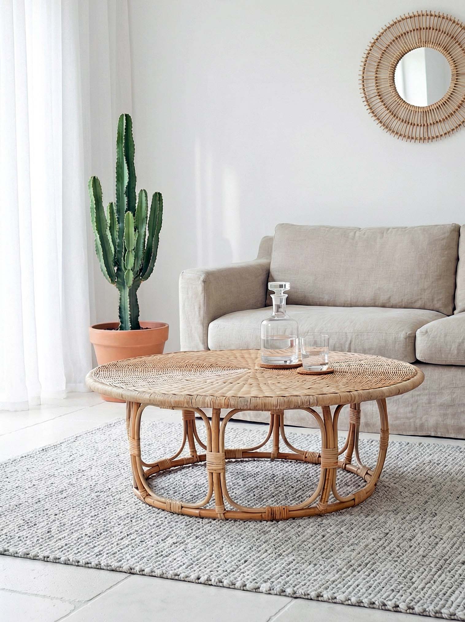 Living room with a wicker coffee table, beige sofa, and cactus plant.