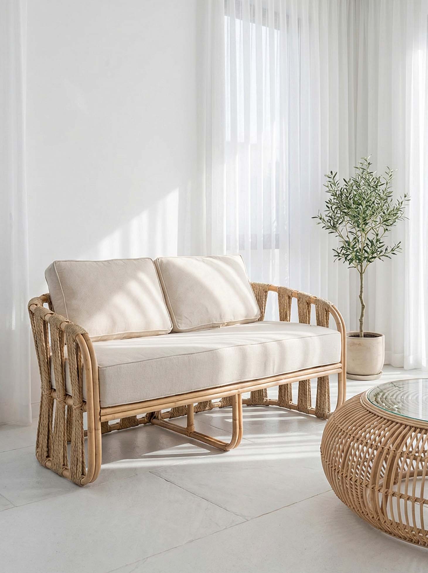 Rattan sofa with white cushions in a bright room with curtains and a plant.