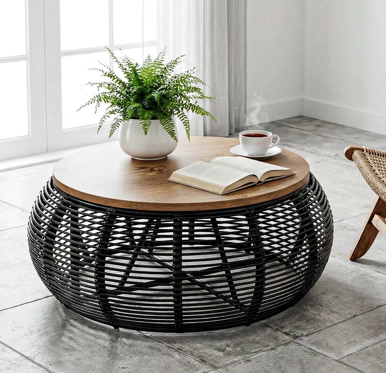 Round coffee table with wooden top and black metal base in a room with large windows.