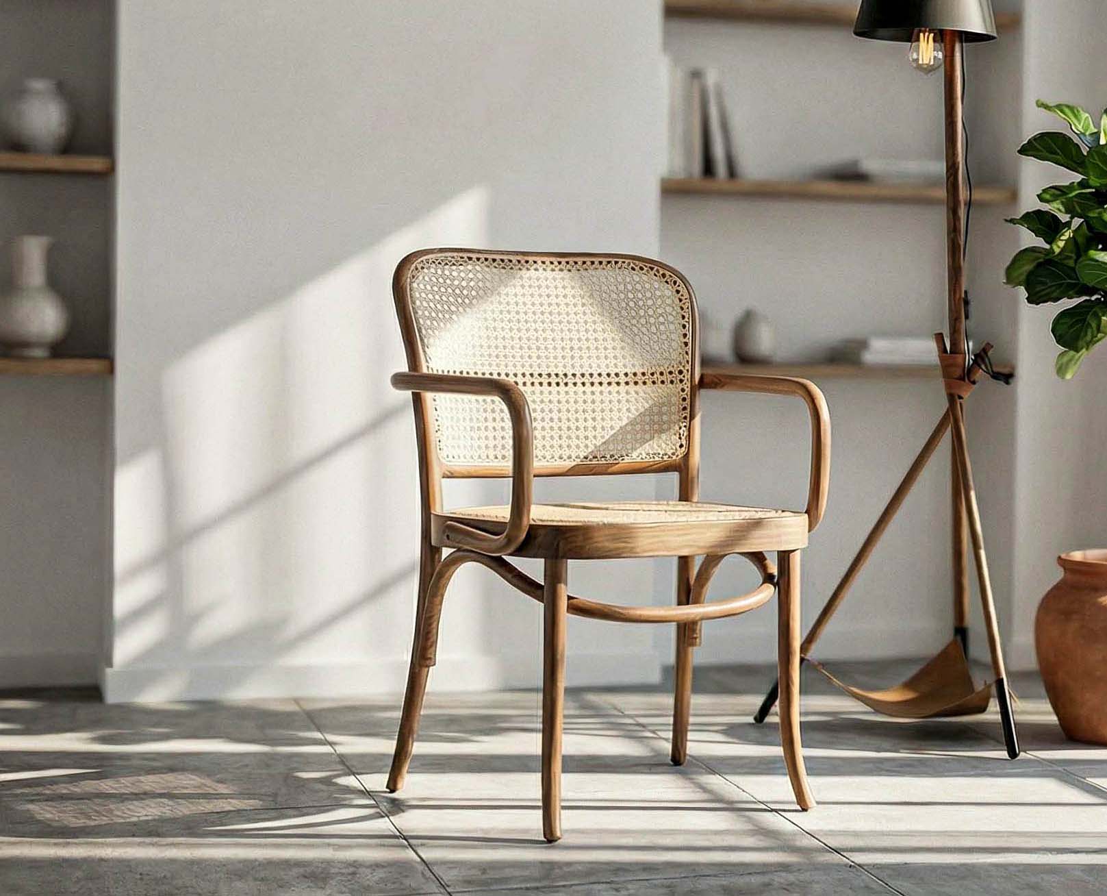 Wooden chair with wicker backrest in a room with shelves and a lamp.
