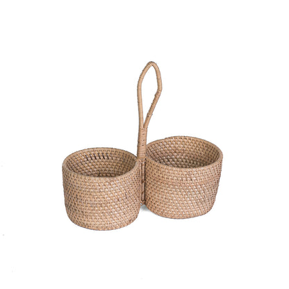 A natural color rattan cutlery holder with a handle, featuring an intricate woven design.