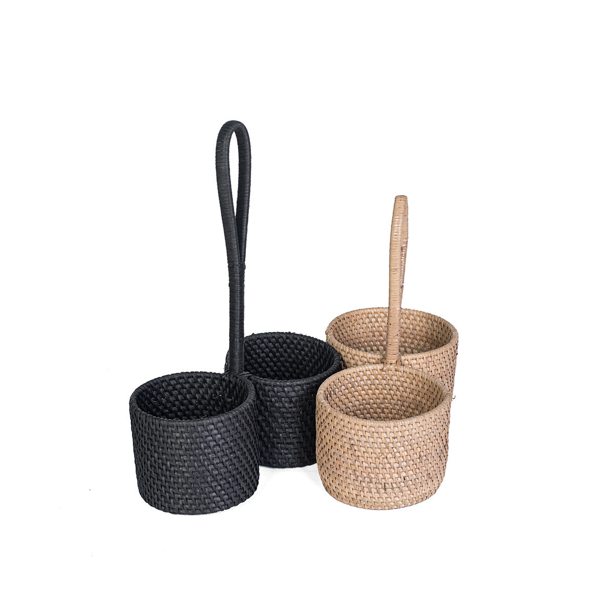 A natural and black color rattan cutlery holders with a handle, featuring an intricate woven design.