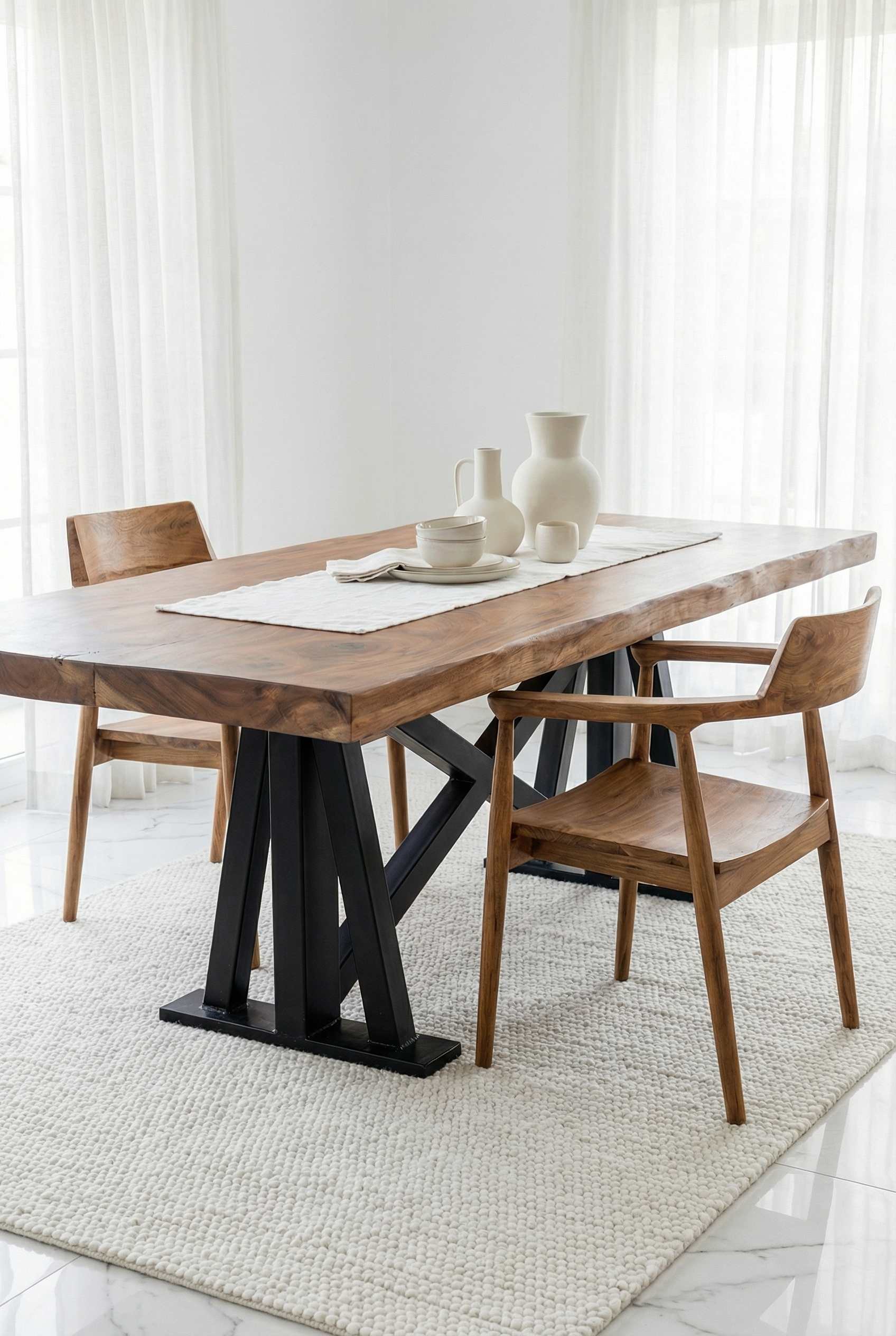 Dining table with wooden chairs in a bright room