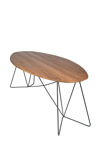 Table made of exotic wood and featuring sleek iron legs on a white background.