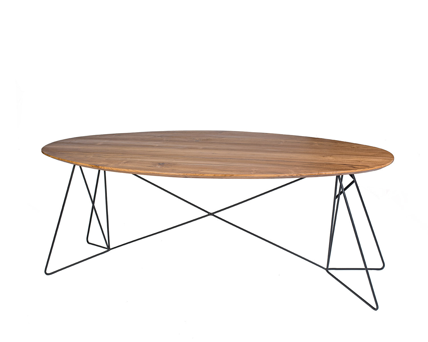 Table made of exotic wood and featuring sleek iron legs on a white background.