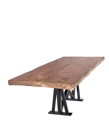 A rectangular dining table with a solid wood countertop on top and black iron legs, set against a white background.