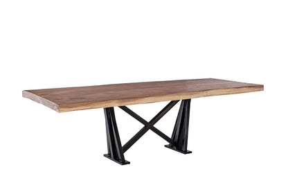 A rectangular dining table with a solid wood countertop on top and black iron legs, set against a white background.