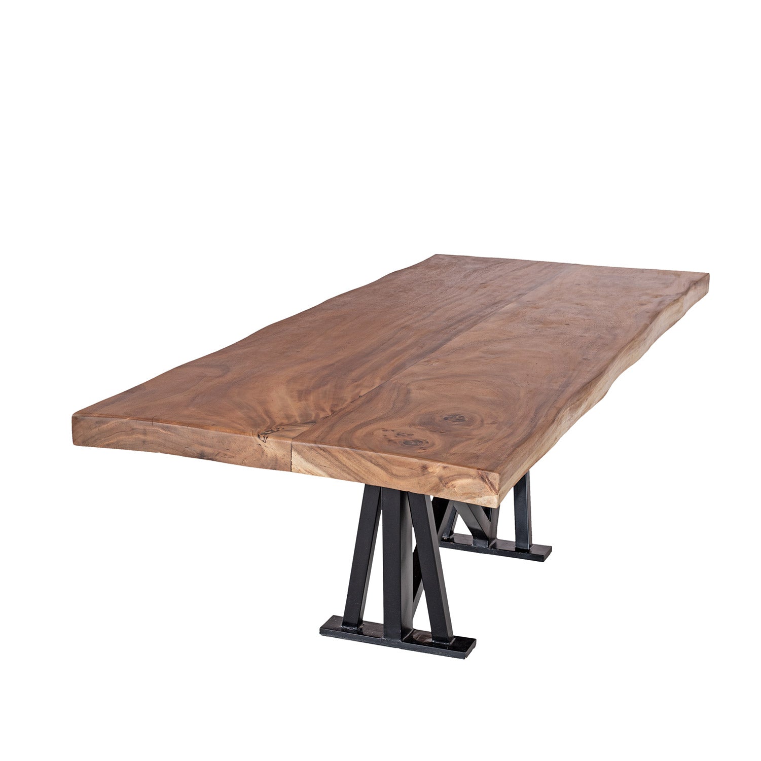 A rectangular dining table with a solid wood countertop on top and black iron legs, set against a white background.