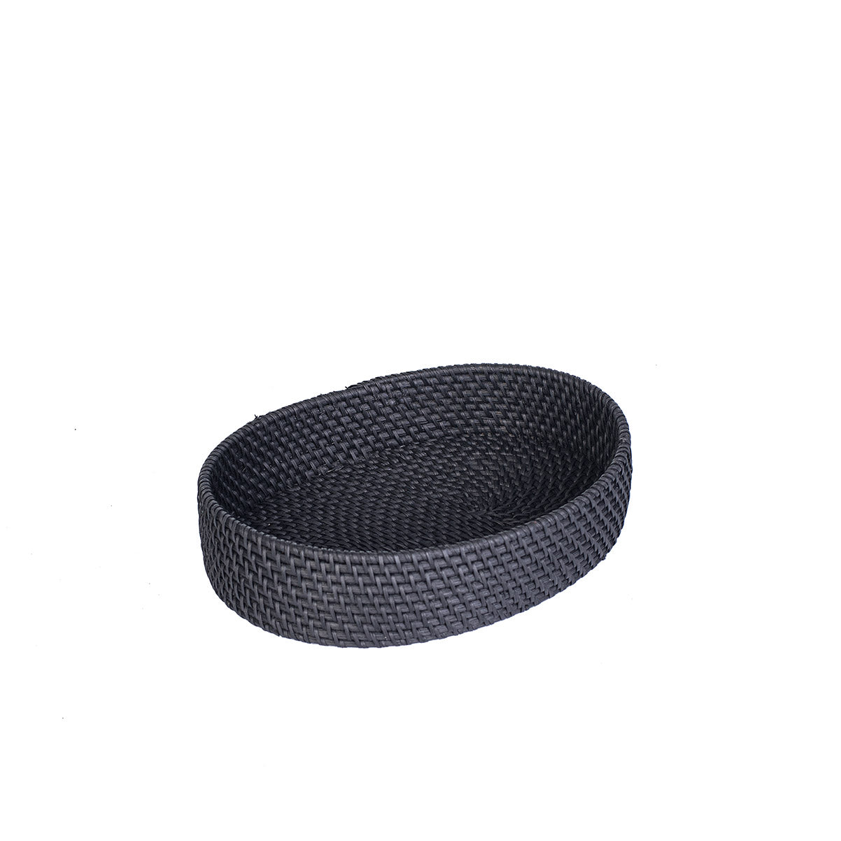 An oval-shaped black rattan tray handcrafted in Bali, Indonesia.