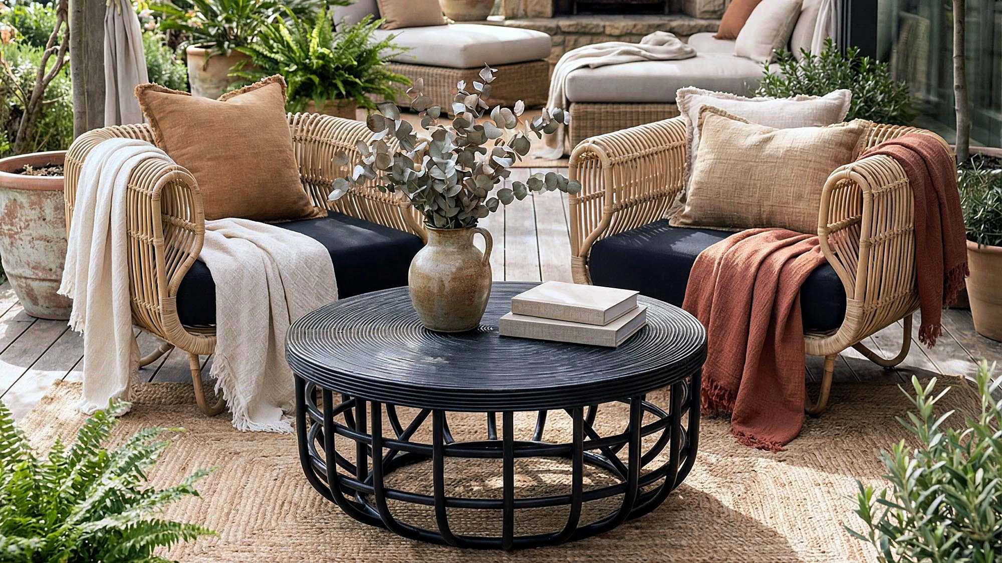 Outdoor seating area with wicker furniture, cushions, and a coffee table.