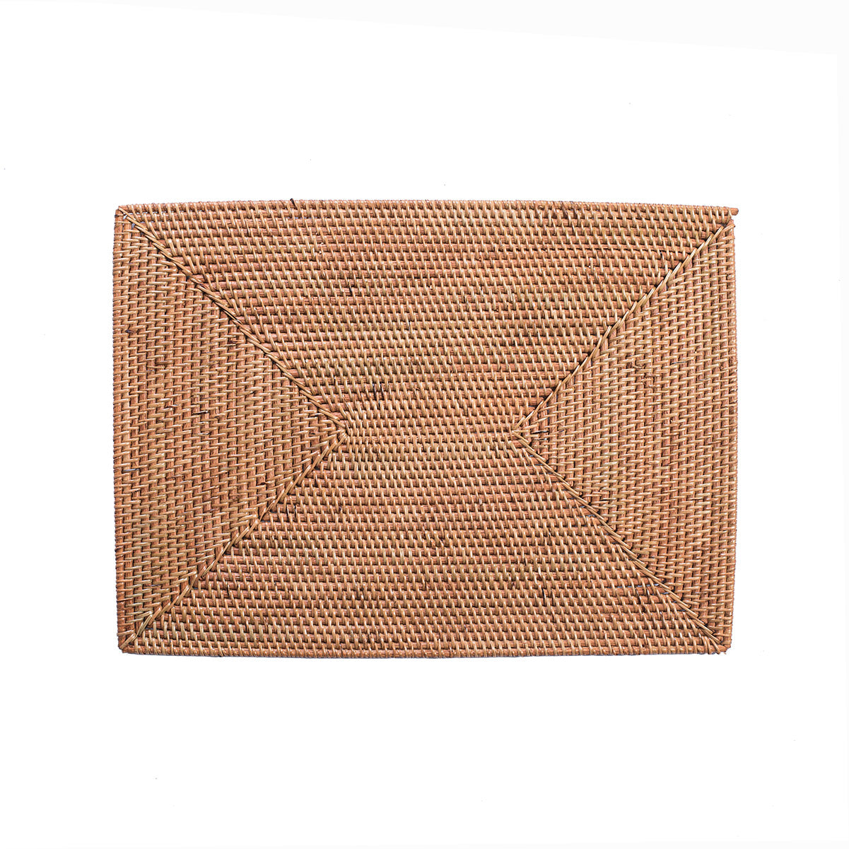 A natural color rectangular rattan table mat with intricate weaving techniques.