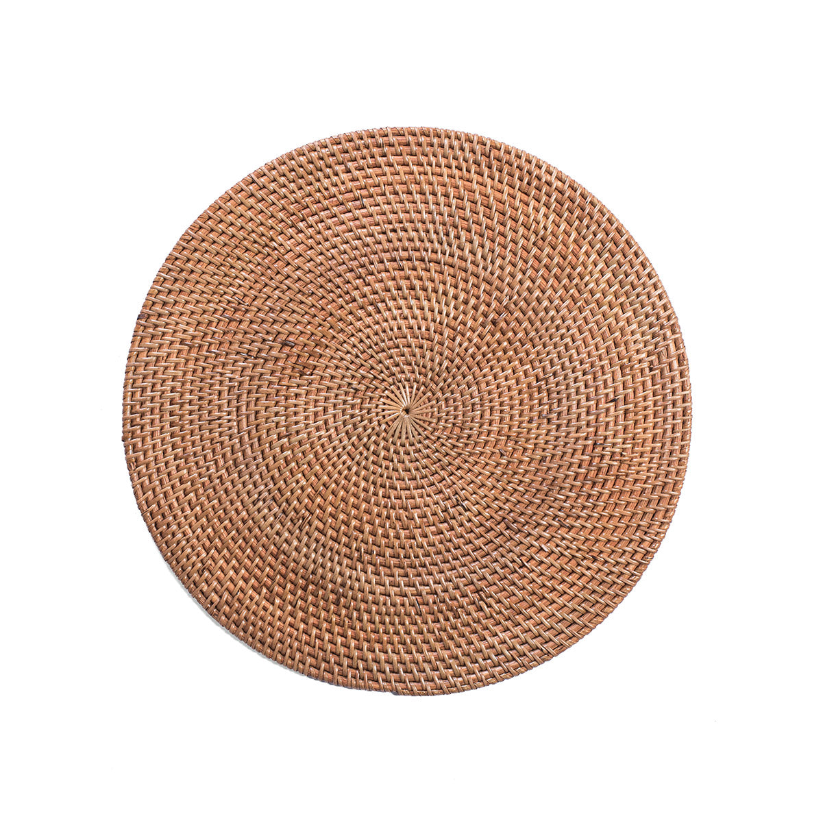 A round, natural color rattan table mat with an intricate weave pattern.