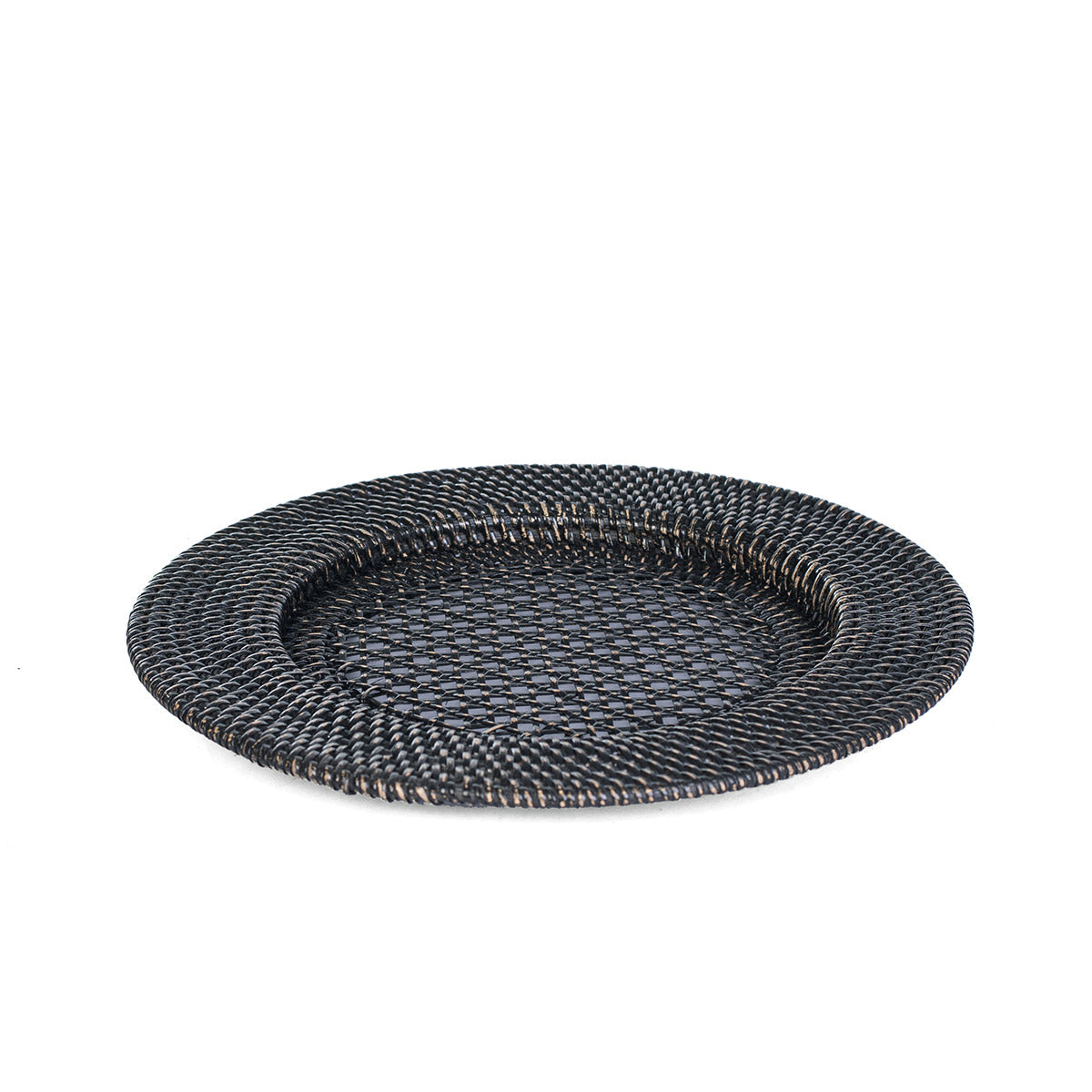 A round black rattan tray handcrafted with a geometric pattern.
