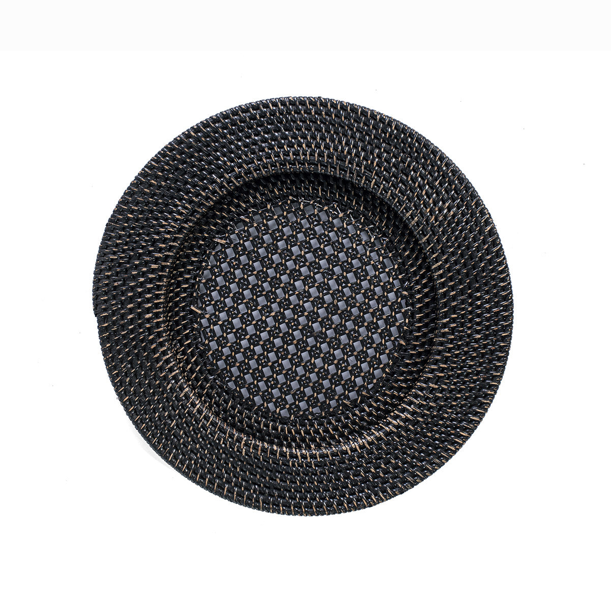 A round black rattan tray handcrafted with a geometric pattern.