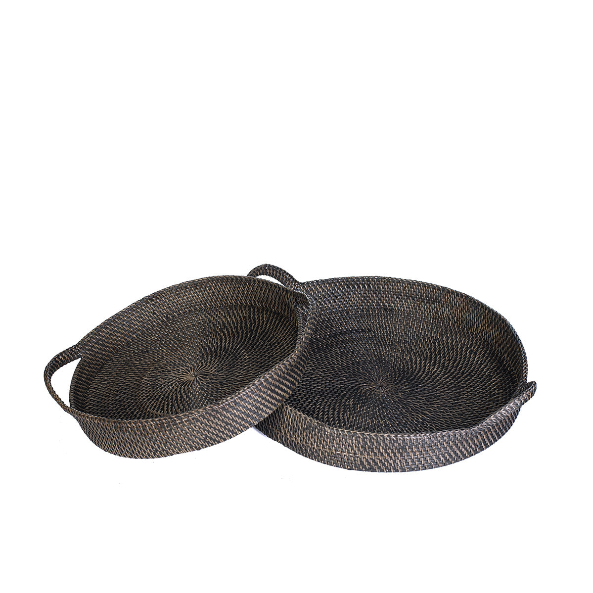 Two round rattan trays, one larger than the other, with a patterned weave design in black color.