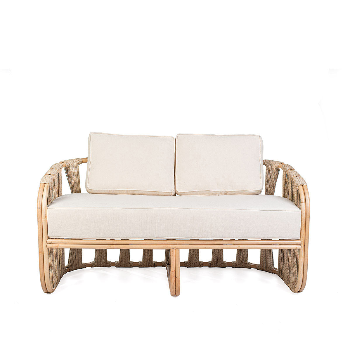 Rattan loveseat with white cushions on a white background